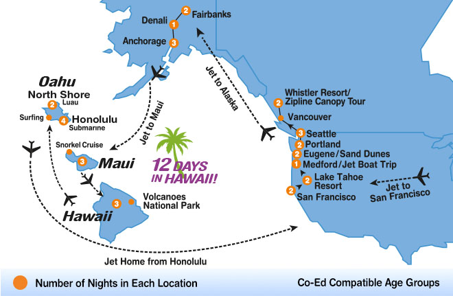 itinerary map of Hawaiian / Alaskan Adventure summer travel program for teenagers