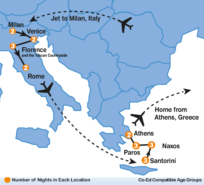 itinerary map of Italy and The Greek Islands summer travel program for teenagers