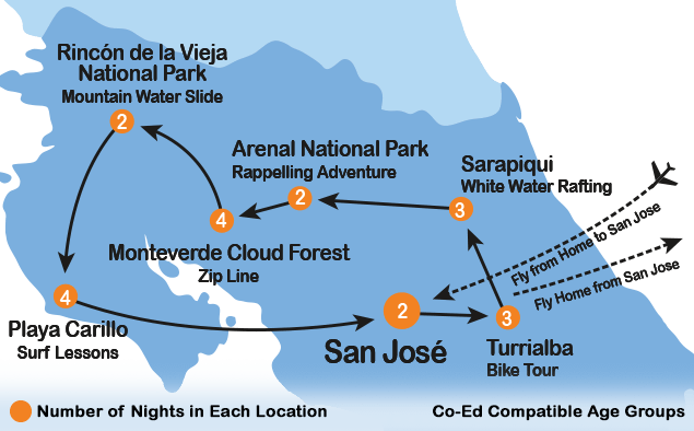 Itinerary Map for Discover Costa Rica Community Service and Cultural Immersion Teen Tour Program