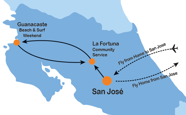 itinerary map of Project Costa Rica summer travel program for teenagers