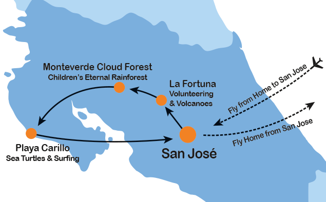 itinerary map of Project Costa Rica summer travel program for teenagers